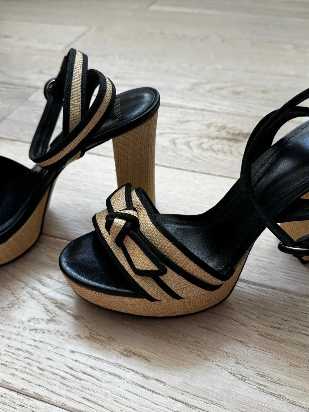 Alexandre Birman Black and Natural Woven Strappy Sandals worn once